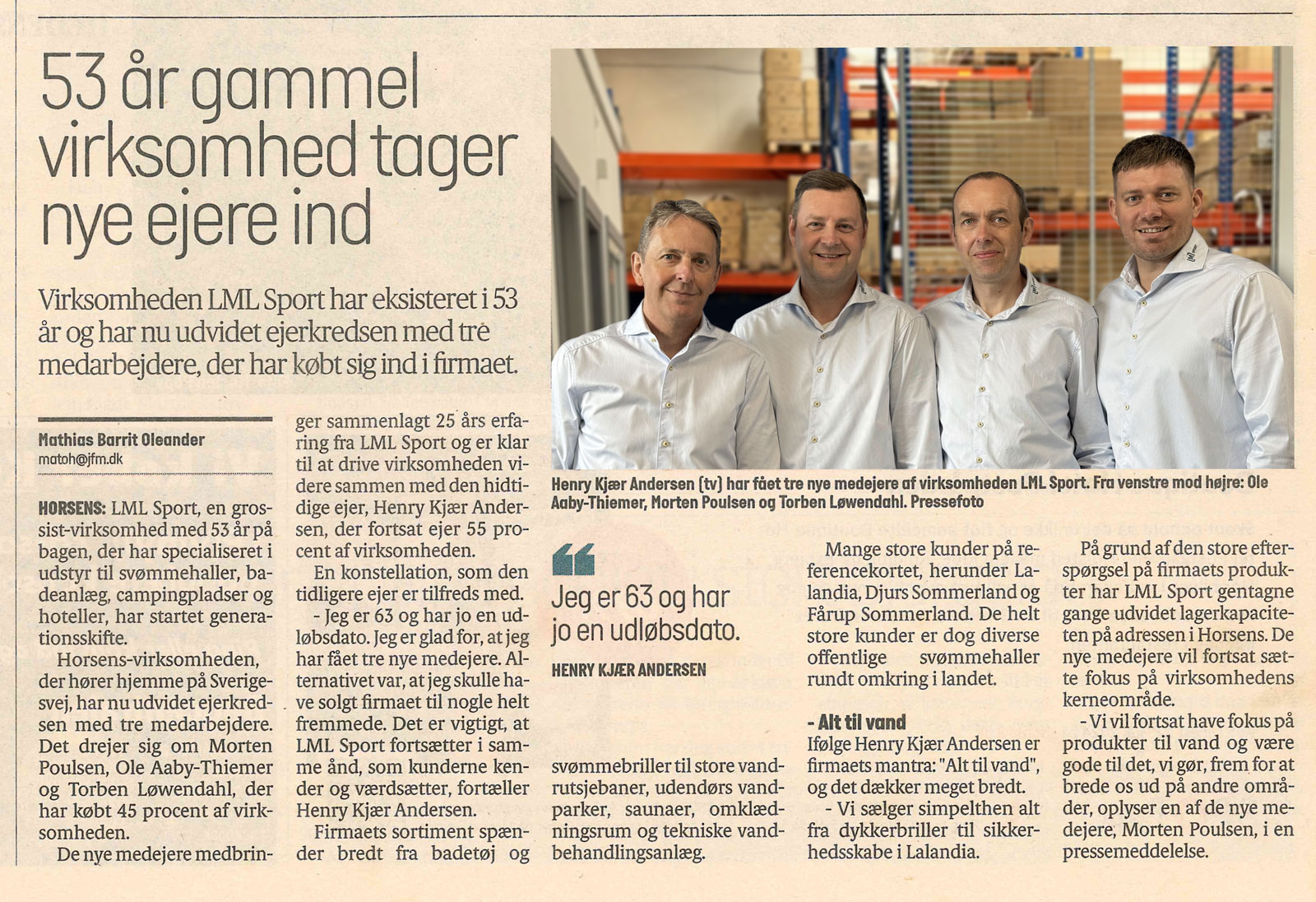 Avisartikel om generationsskiftet hos LML SPORT